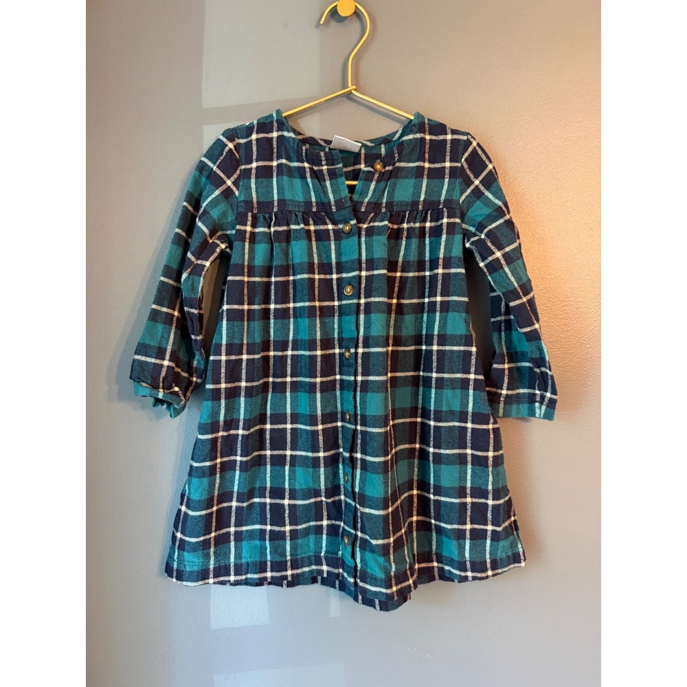 Hanna Andersson Girls Teal Navy Plaid Flannel Button Front Dress 90cm US 3T